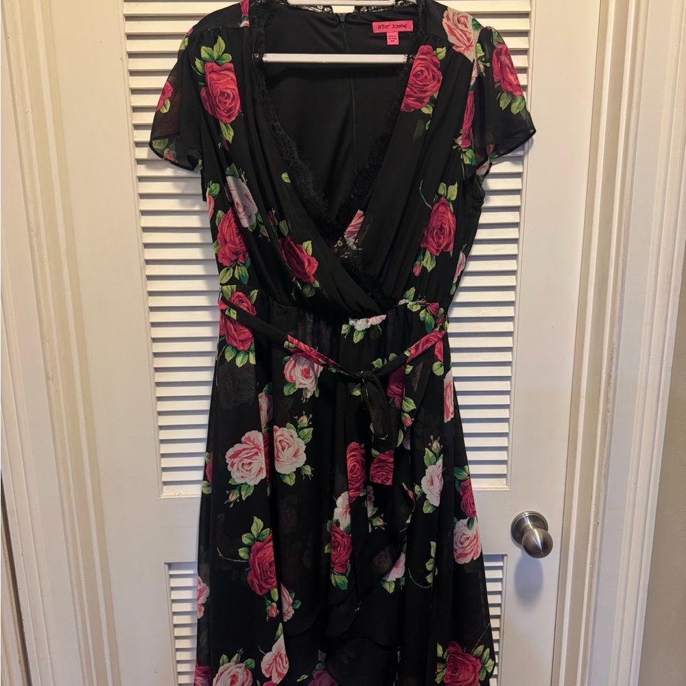 Betsey Johnson Black Midi Dress with Pink Rose Print